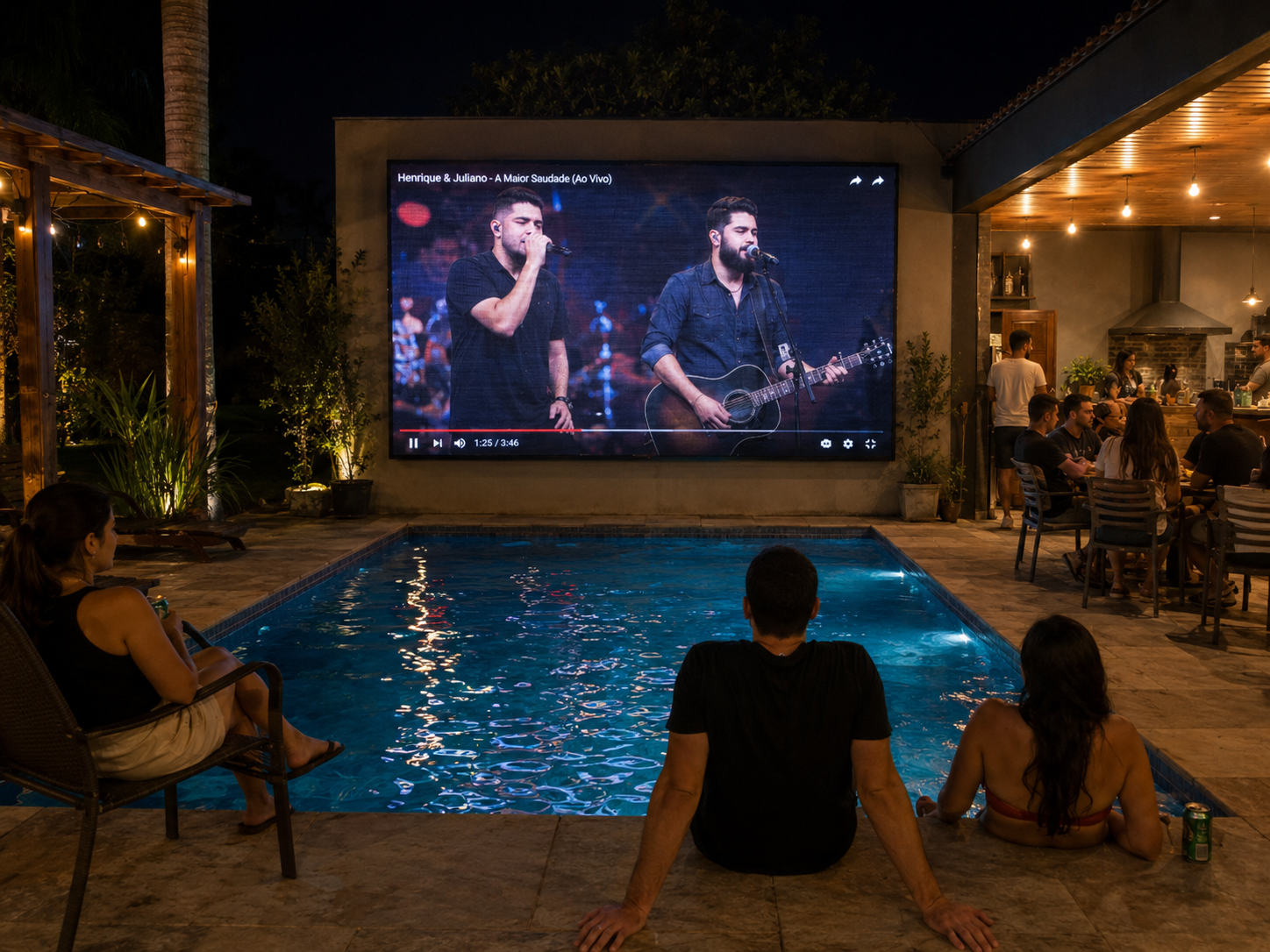 Painel de LED em área de piscina residencial